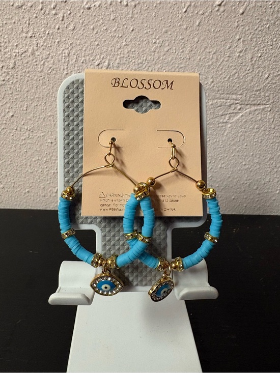 Blossom Jewelry - Blossom Turquoise Evil Eye Beaded Hoop Earrings Gold Tone Boho Statement
